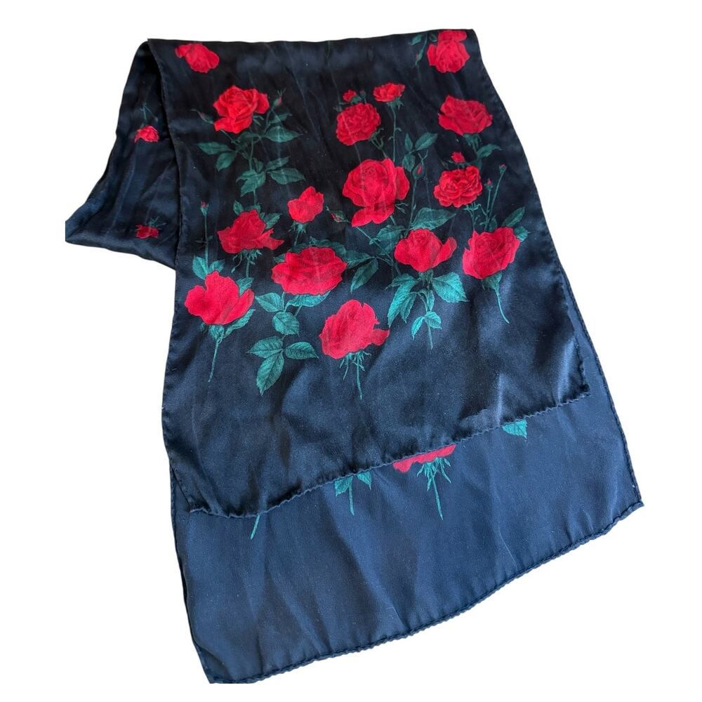 Vintage Silk Rectangular Scarf Black Red Rose Print